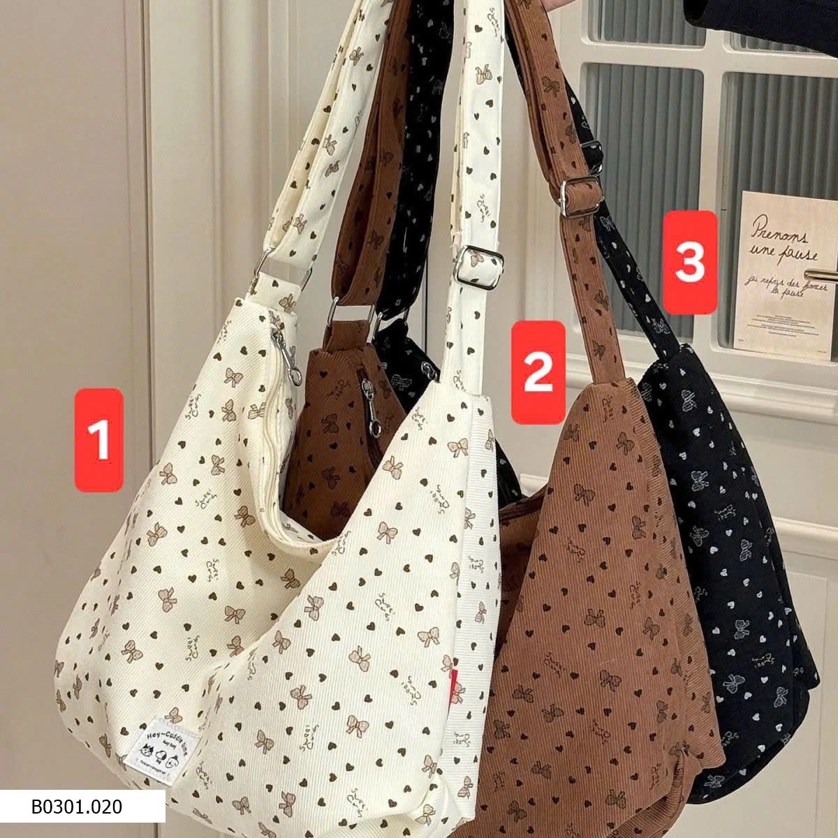 TÚI VẢI ĐEO VAI HOẠ TIẾT NƠ TIM  Giá sỉ 55k